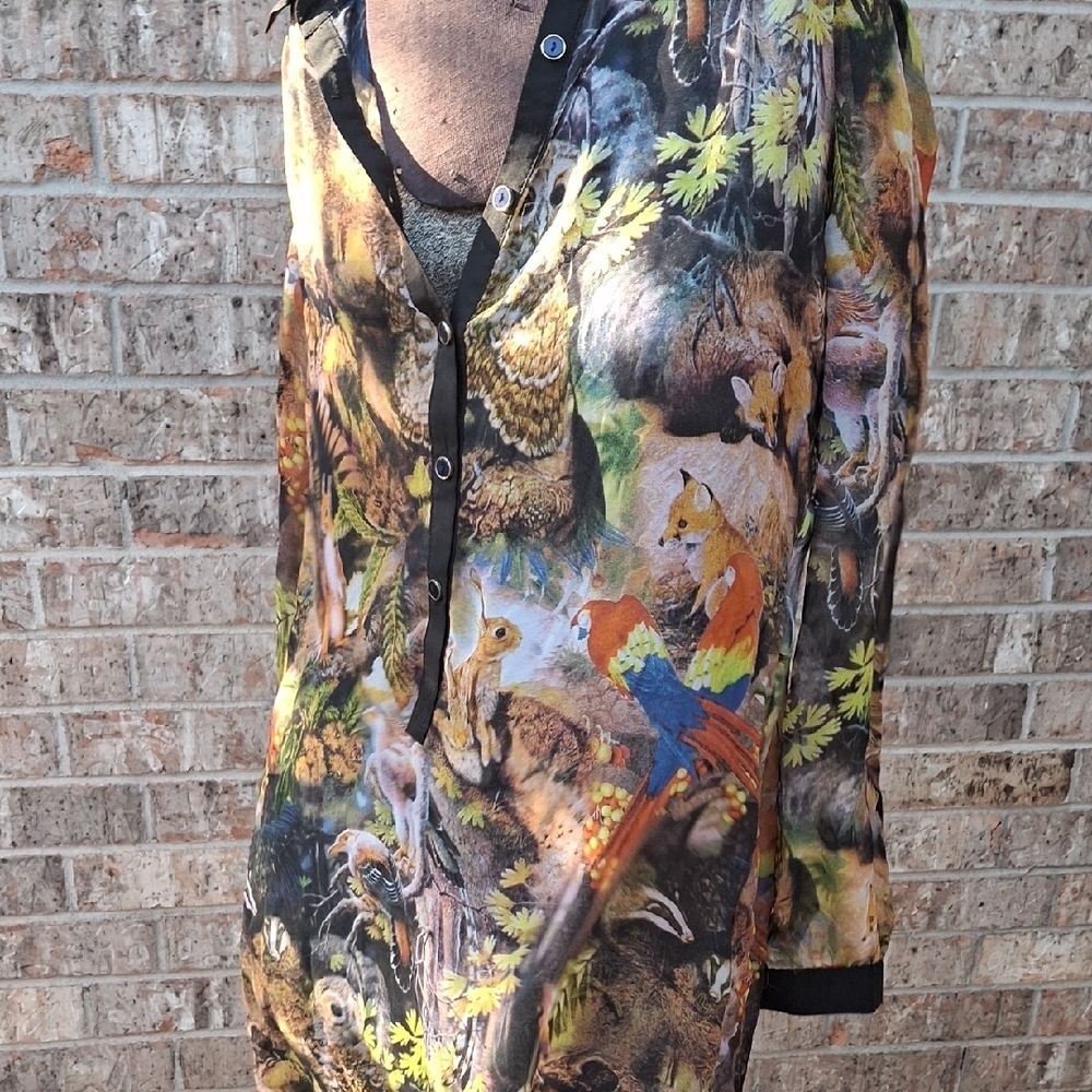 Yumi 6/8 Colorful Forest Gothica Style Print Button-Up Sheer TUNIC Shirt - Picture 4 of 12